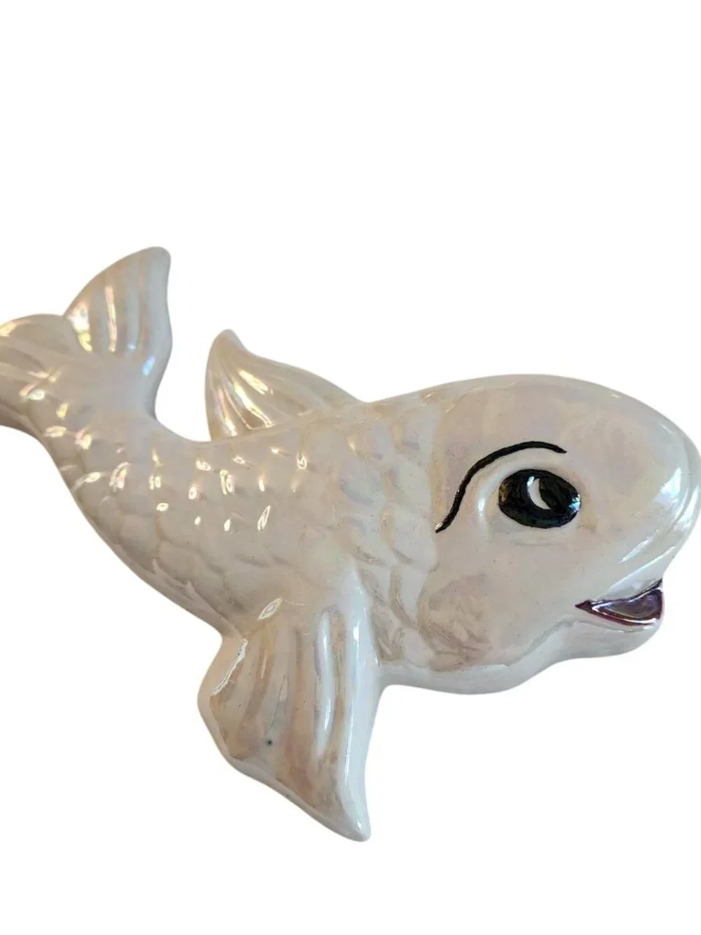 Vintage 1950s White Ceramic Fish Wall Plaques Featuring a Pearly Luster Finish s